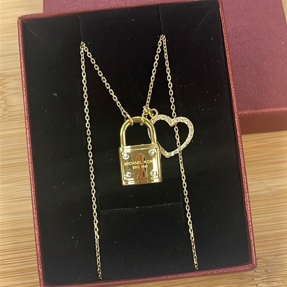 Brand New Michael Kors Gold Tone Rhinestone Heart Logo Charm Locket Necklace - Picture 3 of 13